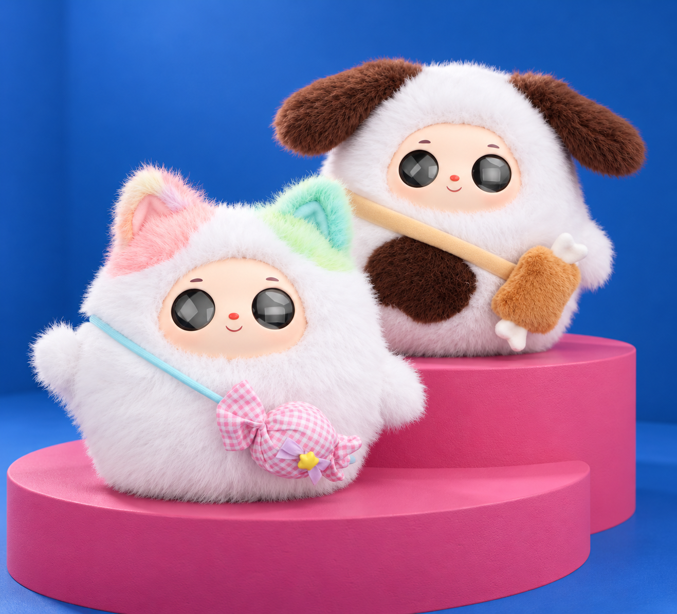 TangTang and BuBu AI plush companions on pink podiums in a blue studio